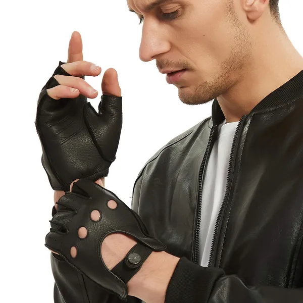 Men Leather Driving Gloves Fingerless Deerskin Unlined Black, L, NOVBJECT