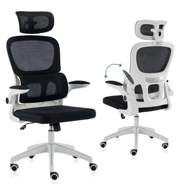 Office Chair, Ergonomic Home Desk Chair, High Back Breathable Mesh Computer Chair with flip-up Armrests & Cushion for Lumbar Support and Headrest (Black)
