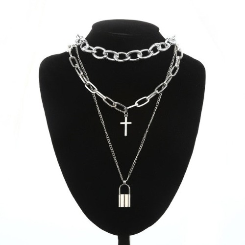 Gothic Layered Chain Cross and Padlock Necklace | Default Title