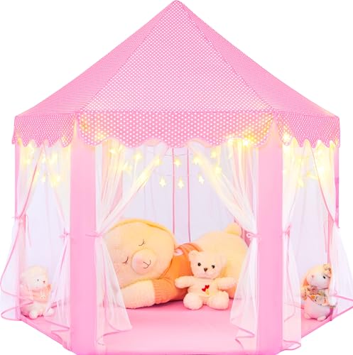 KIXINWA Pink Princess Tent for Girls, Kids Play Tent with LED Small Star Lights, Castle Playhouse Tent for Children Toddlers Indoor Outdoor Games, 55×53 Inches - 01 Pink Princess Tent with Small Star Lights