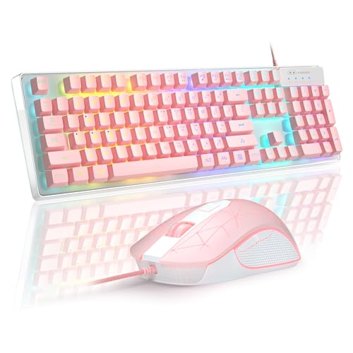 Gaming Keyboard and Mouse Combo, K1 RGB LED Backlit Keyboard with 104 Keys Computer PC Gaming Keyboard for PC/Laptop (Pink) - K1 pink