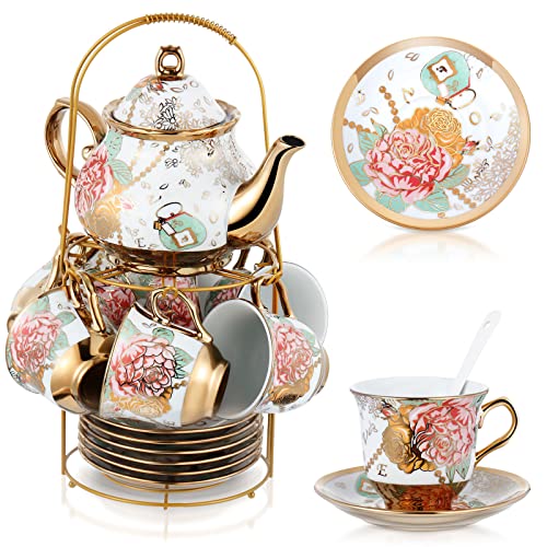 Zhehao 20 Pcs Porcelain Tea Set with Metal Holder European Ceramic Tea Set Cups Saucer Service for 6 Flower Tea Party Set for Adults Women with Flower Painting, Large Version (Bright Style) - Bright Style