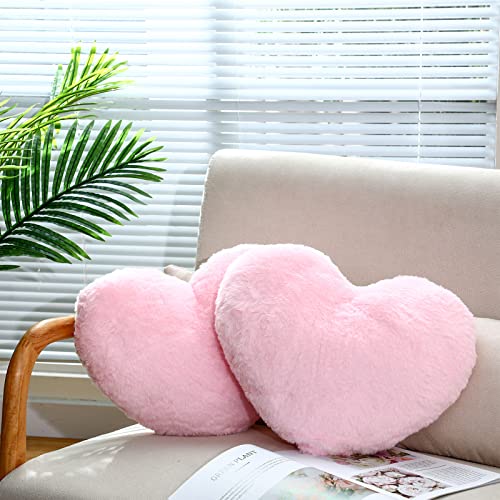Remerry 2 Pieces Soft Heart Throw Pillow Plush Heart Shaped Decorative Pillow Faux Rabbit Fluffy Heart Shaped Cushion for Girl on Valentine's Day Fit for Living Bed Dining Sofa Car(Pink) - Pink
