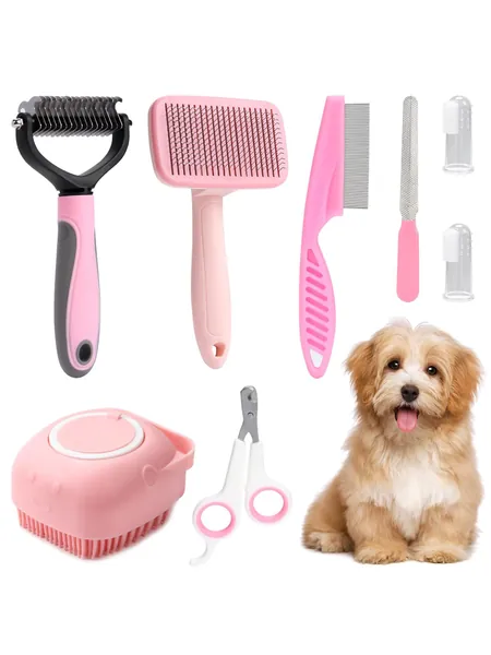 8pcs/set Dog Grooming Kit, Pet Self-cleaning Set With Nail Clippers & File, Flea Comb, Shampoo Brush, Shedding Brush, Dematting Comb, Silicon Toothbrush