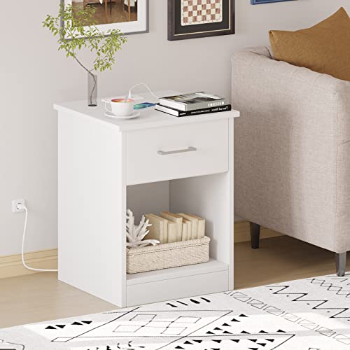 Reettic Nightstand with Charging Station and USB Ports & Power Outlets, Wooden End Table with Drawer and Opening Shelf, Side Table for Bedroom, White RCTG101WE - 1 PACK - White & Charging Station