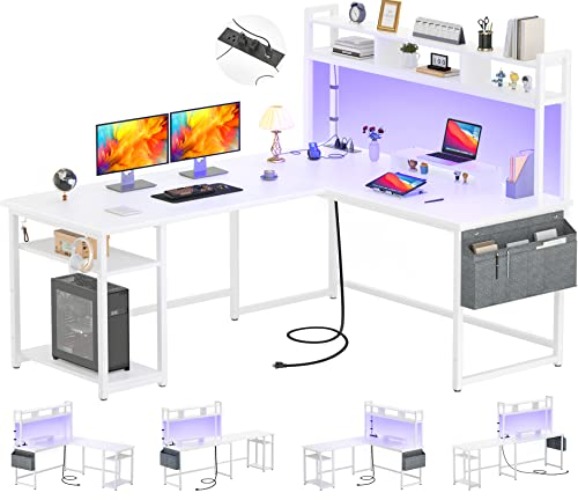 Aheaplus L Shaped Desk with Power Outlet & LED Strip, Reversible L-Shaped Corner Computer Desks Gaming Desk with Storage Shelf & Monitor Stand, Modern 2 Person Home Office Desk, Writing Desk, White - White