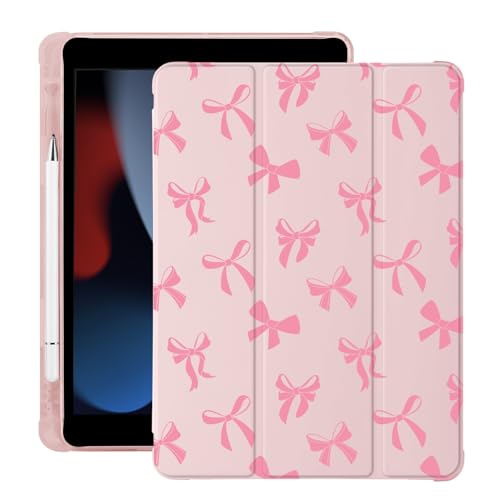 Cute Kawaii Bow for iPad Pro 12.9 Inch Case 5th/6th Generation 2022/2021/2020 with Pencil Holder, Auto Sleep/Wake, Pink Leather Soft TPU Back Cover - 12.9-inch iPad Pro(2022/2021/2020) - Pink Bow/Pink