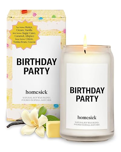 Homesick Scented Candles for Home (Birthday Party) - 13.75 oz Long-Lasting Natural Soy Wax Blend Jar Candle Gifts for Women & Men, 60-80 Hours Burn Time - Notes of Butter, Cream & Vanilla - Birthday Party - Candle