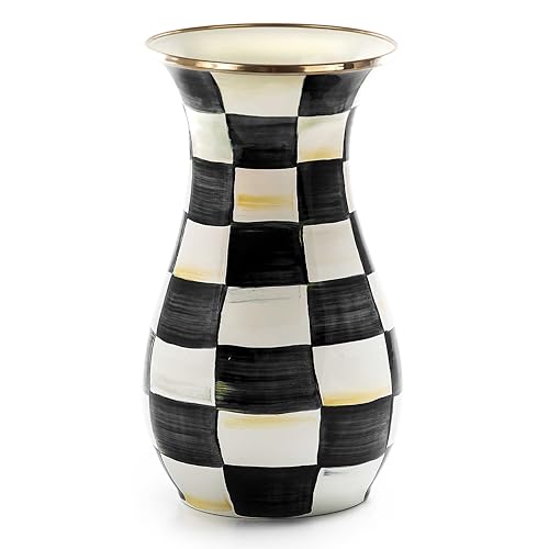 MACKENZIE-CHILDS Tall Enamel Vase, Unique Flower Vase, Decorative Table Decor for Living Room, Black-and-White Courtly Check - Courtly Check