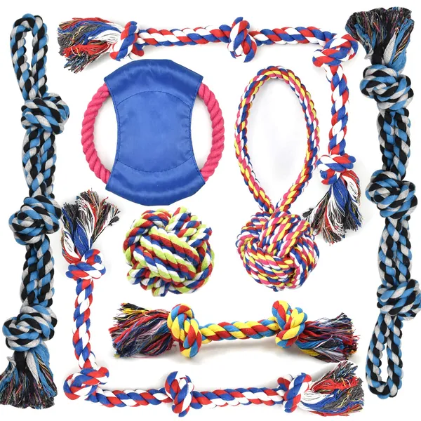 Dog Rope Toys for Aggressive Chewers Tough Rope Chew Toys for Large and Medium Dog 3 Feet 5 Knots Indestructible Cotton Rope for Large Breed Dog Tug of War Dog Toy Teeth Cleaning - 8pack