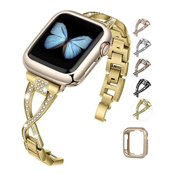 
                            JFdragon Watch Bands Compatible with Apple Watch 38mm 40mm 41mm 42mm 44mm 45mm SE Series 7 6 5 4 3 2 1 Women Jewelry Metal Strap with Bling Diamond Replacement Bracelet
                        