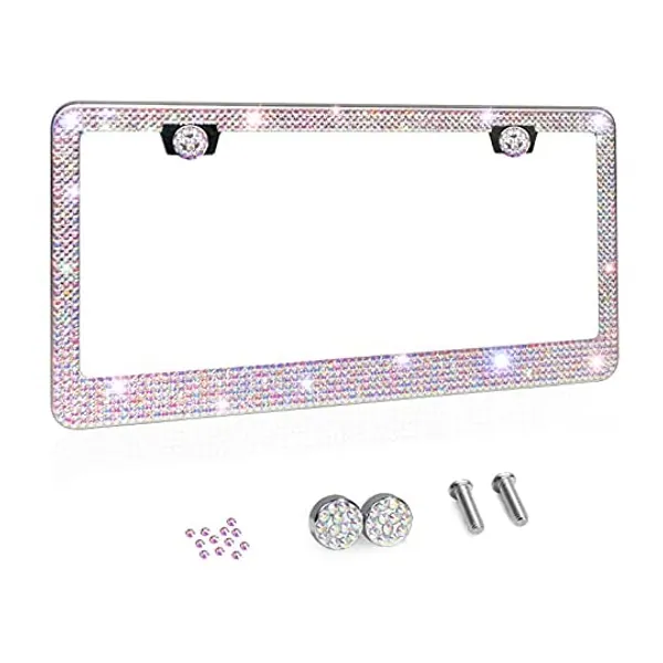 
                            Tchipie 1 Pack Bling Rhinestone License Plate Frames, Bedazzled Sparkly Cute Diamond Car License Plate Frame, Glitter Crystal Tag Frame, Stainless Steel Frame (AB Colorful)
                        