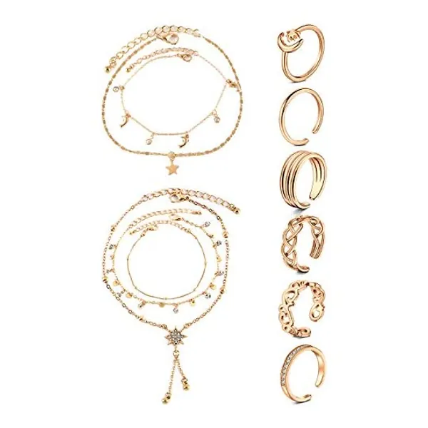
                            JFORYOU Anklets and Toe Ring Set for Women Girl Silver Rose Gold Chain Layered Anklets Toe Rings Ankle Bracelets Open Adjustable Toe Rings Beach Foot Jewelry
                        