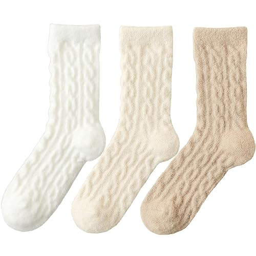 Fuzzy Crew Socks Women Warm Flully Socks Men Home Cozy Soft Sleeping Socks Fall Winter 3/5 Pairs 5-10 - 5-10 - 3 Pairs, White+beige+khaki