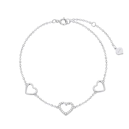 SISGEM 10k White Gold Three Heart Anklets for Women, Love Ankle Bracelet Foot Jewelry for Wife, Gifts for Her, 9.4"-11"