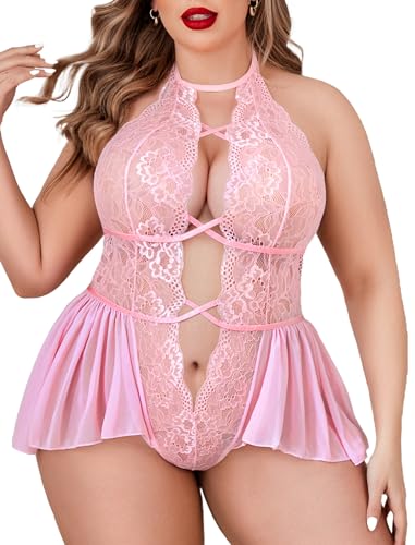 Avidlove Womens Plus Size Lingerie Lace Bodysuit Teddy Deep V One Piece Lace Babydoll - Pink - XX-Large