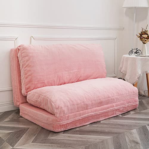 N&V Folding Matress Sofa Bean Bag, Foam Filling Folding Matress Sofa, Includes Removable and Machine Washable Cover, Soft Faux Fur (Pink) - Pink