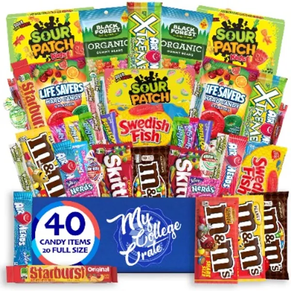My College Crate Candy & Snack Box Ultimate Snack Care Package for College Students - 40 piece Includes 20 Full Size Candies, Candy Variety Pack, Starburst, Skittles, Sour Patch & More