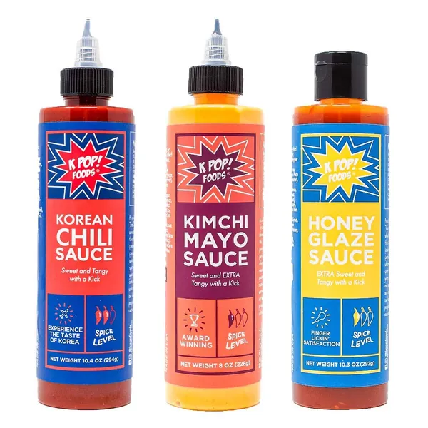 KPOP Foods Variety Sauce Set. Includes: (1) Kimchi Spicy Mayo Sushi Sauce, (1) Chili Sauce, and (1) Honey Glaze Sweet Chili Sauce. Using Real Gochujang Korean Chili Paste. Cook Traditional Korean Food or Use as Korean BBQ Sauce / Hot Sauce, 28.7 Oz. - 
