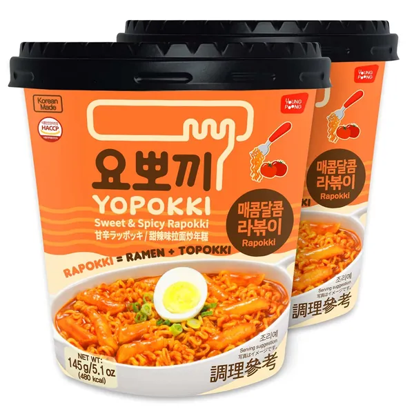 Yopokki Sweet & Mild Spicy Rabokki Cup I Ramen Noodle Tteokbokki Topokki Rice Cakes (Sweet & Mild Spicy Flavored Sauce, 2 Cup) Korean Snack - 