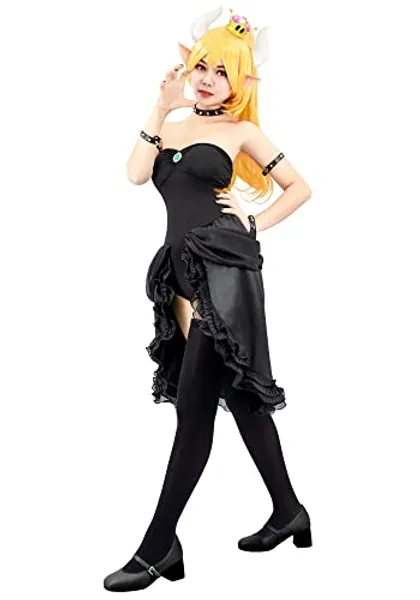 C-ZOFEK Women's Bowsette Cosplay Costume Black Dress with Accessories