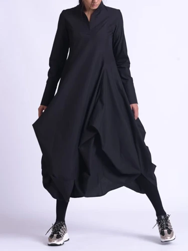 Solid Color Stand Collar A-Line Midi Dress Chinese Style Vintage Long Sleeve Casual Elegant and Pretty Women's Dresses Vestidos - AliExpress 200000345