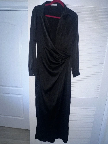 Women’s Long Sleeve Black Silk High Split Slip Dress 