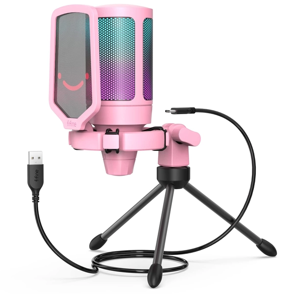 FIFINE Gaming USB Microphone for PC PS5, RGB Condenser Microphone with Tap-to-Mute Button, Shock Mount, Pop Filter, Gain Control for Streaming Podcast Discord Twitch- AmpliGame