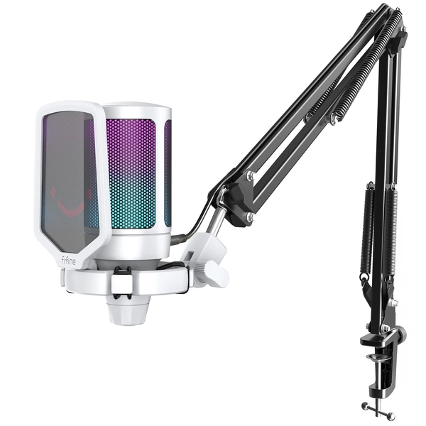 FIFINE USB Gaming Microphone Kit for PC PS5, Computer Condenser Microphone with RGB, Quick Mute, Gain Control, Boom Arm Stand, Shock Mount, Pop Filter for Streaming Discord Podcasts YouTube -A6T