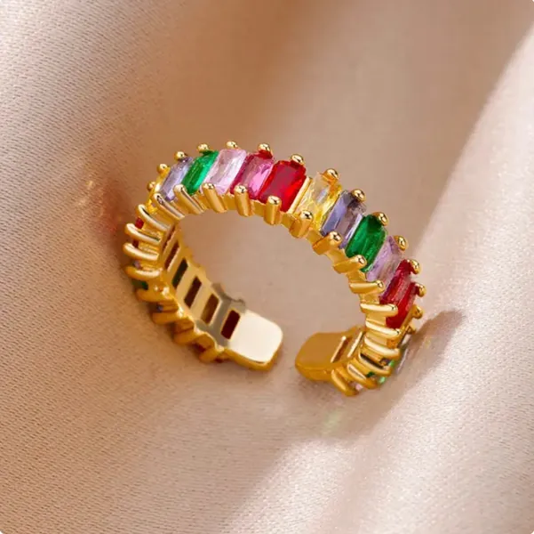 Ring with colorful zirconia stones all around and a golden stainless steel band