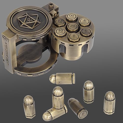 CZYY Metal Polyhedral Bullet Dice Set of 7 with Spinning Revolver Cylinder Container - Cyberpunk Style Dice for Warhammer 40K, D&D, Sci-Fi, War, or Crime Theme Tabletop Games (Bronze) - Bronze
