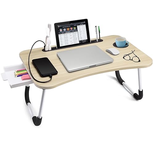 Slendor Laptop Desk Laptop Bed Stand Foldable Laptop Table Folding Breakfast Tray Portable Lap Standing Desk Reading and Writing Holder with Drawer for Bed Couch Sofa Floor - White Maple