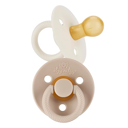 Itzy Ritzy Natural Rubber Pacifiers, Set of 2 – Natural Rubber Newborn Pacifiers with Cherry-Shaped Nipple & Large Air Holes for Added Safety; Set of 2 in Coconut & Toast, Ages 6-18 Months