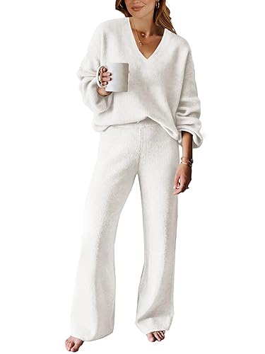 ANRABESS Women 2 Piece Outfits Sweater Lounge Sets Long Sleeve Cable Knit Pullover and Wide Leg Pants Tracksuit Matching Set - White - Large