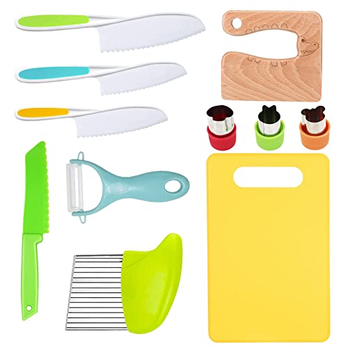 RISICULIS 11 Pieces Wooden Kids Kitchen Knife, Kids Knife Set Include Wood Kids Knife, Serrated Edges Plastic Toddler Knife, Crinkle Cutter, Sandwich Cutter, Y Peeler, Cutting Board - 11PCS KIDS KITCHEN SETS