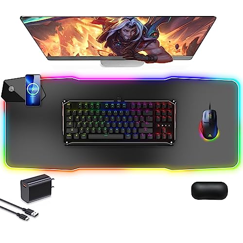 Gaming Mouse Pad with 15w Wireless Charging,14 Colors Led Light RGB PC Gaming Desk Mat,Ergonomic Large Mouse Pad Gaming,Mousepad with Wrist Support - Black 32.3"12.2"