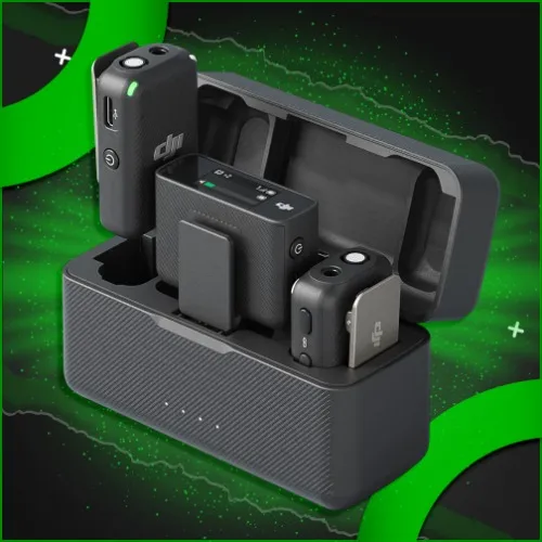 DJI Mic (2 TX + 1 RX + Charging Case), Wireless Lavalier Microphone, 250m (820 ft.) Range, 15-Hour Battery, Noise Cancellation Wireless Microphone for PC, iPhone, Record Interview, YouTube, Black