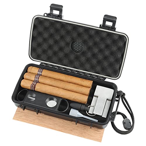 Travel Humidor Box With Cigar Accessories - Spanish Cedar, Humidifier, Cutter, Stand, Punch - Holds 4-5 Cigars - Waterproof, Crushproof, Airtight Seal - Store 4-5 cigars