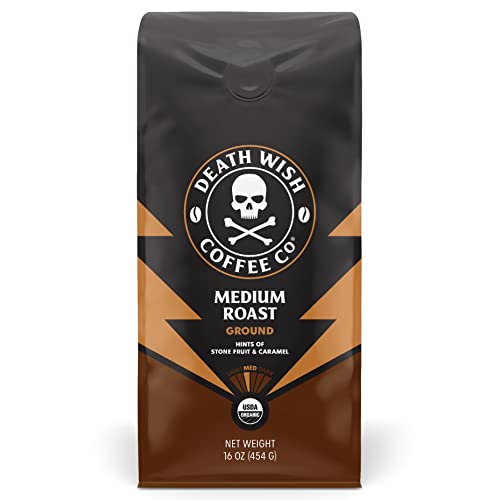 Death Wish Coffee Co., Organic and Fair Trade Medium Roast Ground Coffee, 16 Ounce (Pack of 1) - Medium Roast - 1 Pound (Pack of 1)