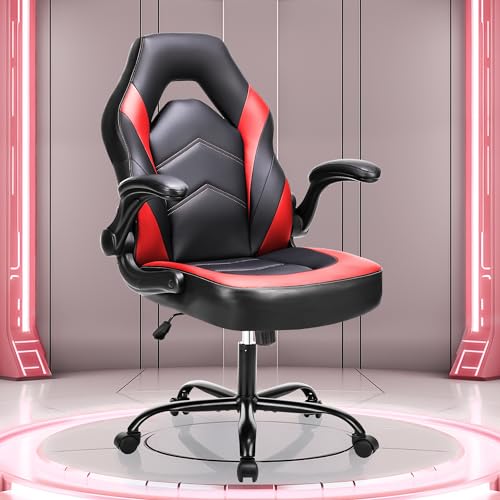 OLIXIS Office Ergonomic Computer Gaming Desk Racing Chair for Adults, Flip-up Arms Adjustable Height PU Leather Swivel with Wheels - Blue - Black-blue - Modern