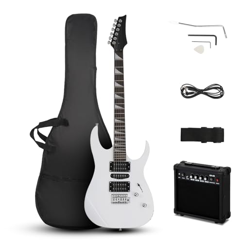Ktaxon 39" Electric Guitar with 20Watt Amp, Full Size 170 Model Starter Guitar Kit for Beginners & Professional W/Bag, Shoulder Strap, Wrench Tool, Plectrum - White - White