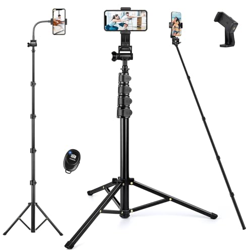 Nineigh Phone Tripod Stand, 74" Selfie Stick Tripod with Remote Gooseneck Phone Holder, Phone Stand Tripod for Video Recording Photo Vlog, Compatible with iPhone Plus Pro Max Cellphone Cameras - 74 Inch - Black