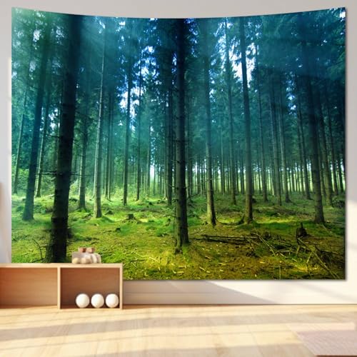 Misty Forest Wall Decor Tapestry for Bedroom Aesthetic, Nature Morning Foggy Trees Sunshine Tapestries Wall Hanging for Living Room, Green Landscape Backdrop Ceiling Poster Decor Tapestries for Dorm - 51"X60" - Forest Tapestry