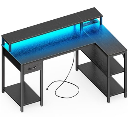 SUPERJARE 47 inch Reversible L Shaped Desk with LED Lights & Power Outlets, Computer Desk with Shelves & Monitor Stand, Gaming Desk with Drawer, Home Office Desk Corner Desk, Black - Black - 47 inch
