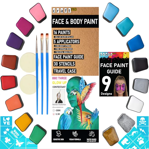 Craft Pro Face & Body Paint Pintura Artística Profesional para La Cara - 54 Piezas. Aprobada para Piel Sensible. Vegano + Cruelty Free. Fácil De Aplicar. Fácil De Quitar