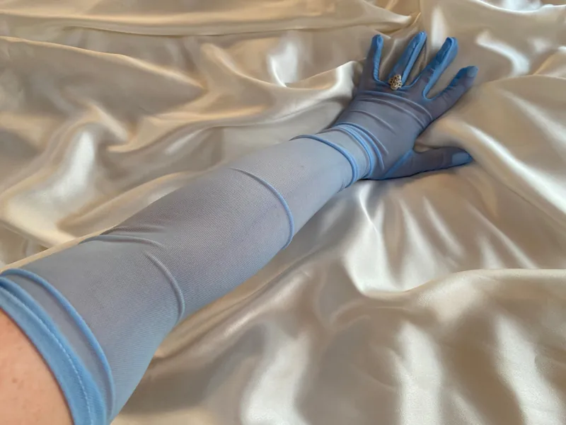 LIGHT BABY BLUE opera over elbow length semi sheer gloves, long bridal cosplay costume gloves hen party outfit hen do dress tights stretch
