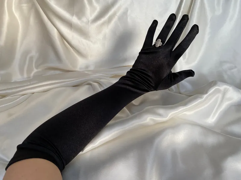 BLACK gloves long opera length elbow shiny satin silky wedding hen do bride cosplay dress up glove bridal dance drag performance