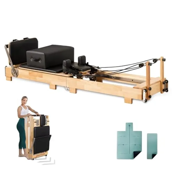 piothioh Pilates Reformer Machine, Wood Foldable Pilates Machine Bed Yoga Exercise Strength Training Foldable Equipment for Home Workout