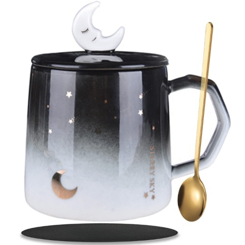 Arawat Söt mugg med lock stjärna och måne 3D-mugg rolig kaffekopp gåva 400 ml rosa tekopp med sked och fat, söt födelsedagspresent till flickvän, dam - Måne kaffekopp