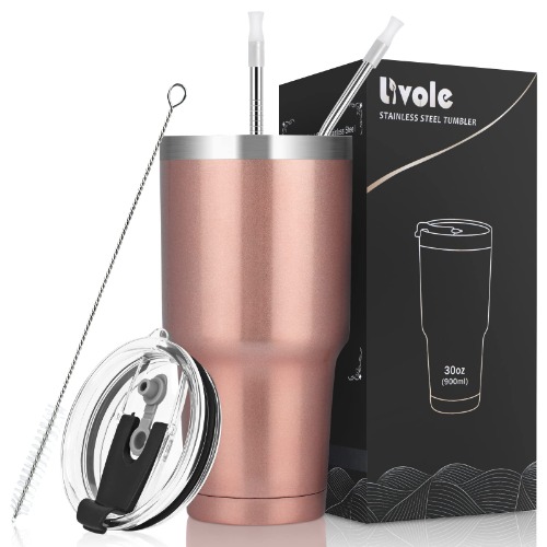 Livole Dryckesmugg på 900 ml för män och kvinnor, termosmugg för kaffe att ta med, campingkopp, dubbelväggig mugg i rostfritt stål med sugrör, isolerad med vakuum, resemugg, roséguld - 30 oz - Roséguld